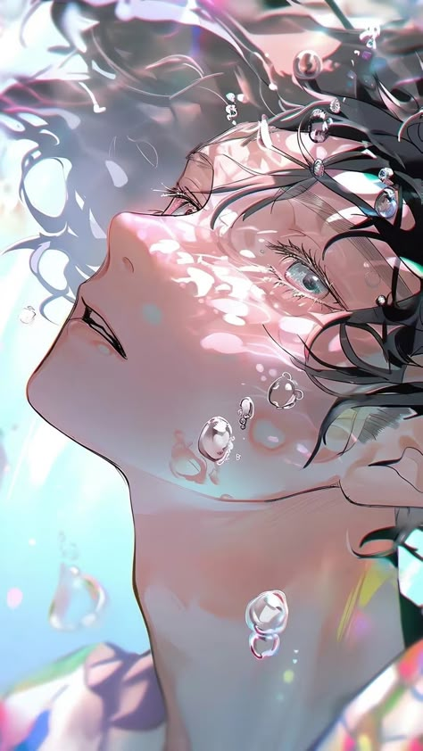 [Cre: @yanzwj] Bathtub Anime Drawing, Lying In Water Reference, Floating In Water Drawing, Floating Pose Reference, Under Water Drawing, Underwater Reference, Underwater Drawing, Pretty Artwork, Anime Boy Sketch