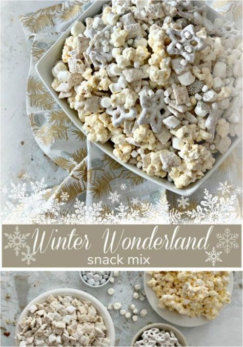 Winter Wonderland Snack Mix Candy Coated Popcorn, Schnee Party, January Baby Shower, Coated Popcorn, Winter Snack, Winter Onederland Birthday Party, Winter Baby Shower Themes, Winter Shower, Winter Onederland Party