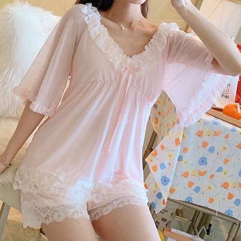 Pink Lace Pajamas, Kawaii Pjs Pajamas, Kawaii Pajama Set, Kawaiicore Pajamas, Cute Pajama Dress, Princess Pajamas Aesthetic, Cute Pajamas Pink, Cute Aesthetic Pajamas, Kawaii Nightgown