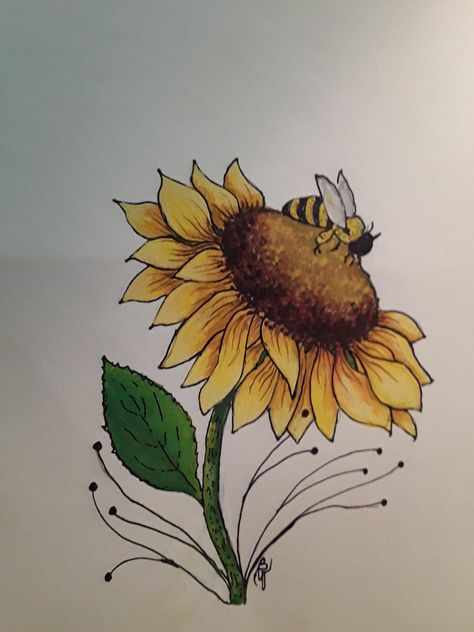 Sunflower and Bumblebee Sunflower Bee Drawing, Sunflower And Bumblebee, Sunflower With Bee Drawing, Bee And Sunflower Drawing, Sunflower Drawing Ideas, Bee Flower Drawing, Drawings Of Sunflowers, Sketches Of Sunflowers, Sunflower And Bee Painting