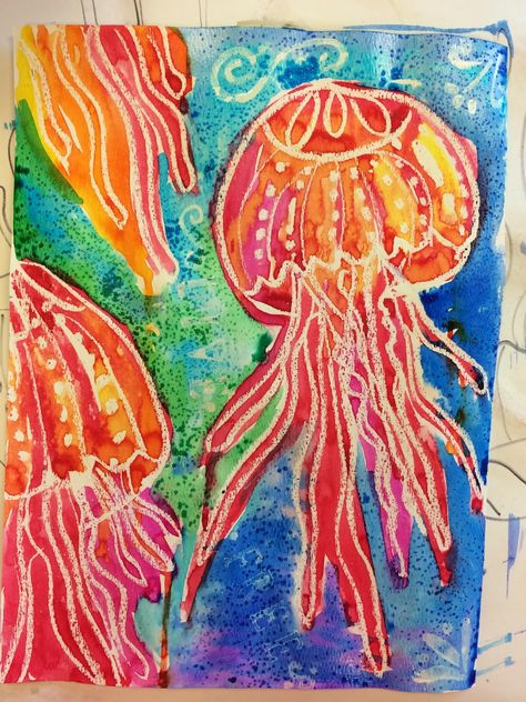 I love the warm and cool colors used. The salt effect came out great. Teacher Watercolor, Watercolor Salt, Ocean Commotion, Watercolor Resist, Classe D'art, Watercolour Techniques, Summer Art Projects, Sea Watercolor, Cnidaria