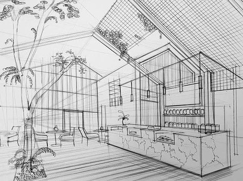 Cafe Drawing Interior, Cafe Perspective, Perspective Interior Drawing, 2 Point Perspective Drawing Interior, Interior Perspective Drawing, One Point Perspective Room, Cafe Sketch, Croquis Architecture, 2 Point Perspective Drawing