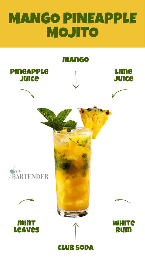 Mango Pineapple Mojito Mojito Flavors, Mango Cocktails, Cocktail Shoot, Mango Mojito Recipe, Pineapple Cocktail Recipes, Pineapple Cocktails, Dark Rum Cocktails, Soda Cocktails, Mojito Recipes