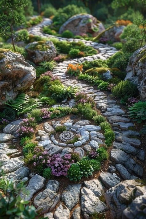 Different Garden Ideas, Garden Rock Path, What To Do With Rocks In The Yard, Rock Features In Garden, Zen Stone Garden, Water Backyard Ideas, Stone Walkways Paths, Garden With Statues, Rockery Garden Ideas