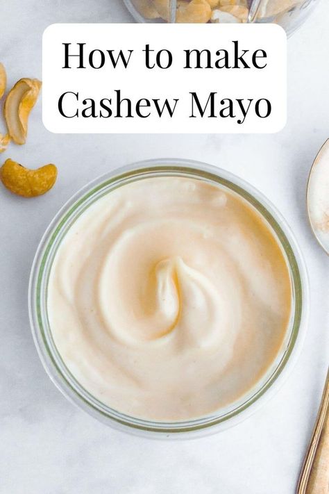 A small glass dish filled with thick & creamy mayonnaise. A few cashew nuts and a silver spoon are nearby. Vegan Cashew Recipes, Cashew Nut Recipes, Cashew Mayo, Cashew Mayonnaise Recipe, Cashews Recipes, Soaked Cashew Recipes, Raw Cashews Recipes, Vegan Mayo Recipe, Vegan Mayonnaise Recipe