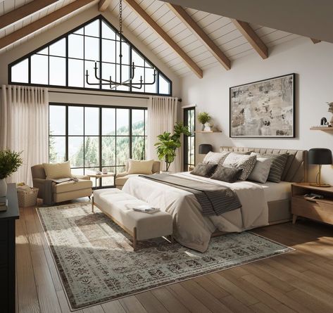 Unveiling our 3D rendered Master bedroom with vaulted high ceiling and the warm embrace of natural wood beams. Nestled into a mountainside,… | Instagram Farmhouse Bedroom Ceiling, Cathedral Ceiling Bedroom, Bedroom Ceiling Ideas, High Ceiling Bedroom, Vaulted Ceiling Bedroom, Bedroom Ceilings, Home Retreat, 2024 Home Decor, Fan Decor