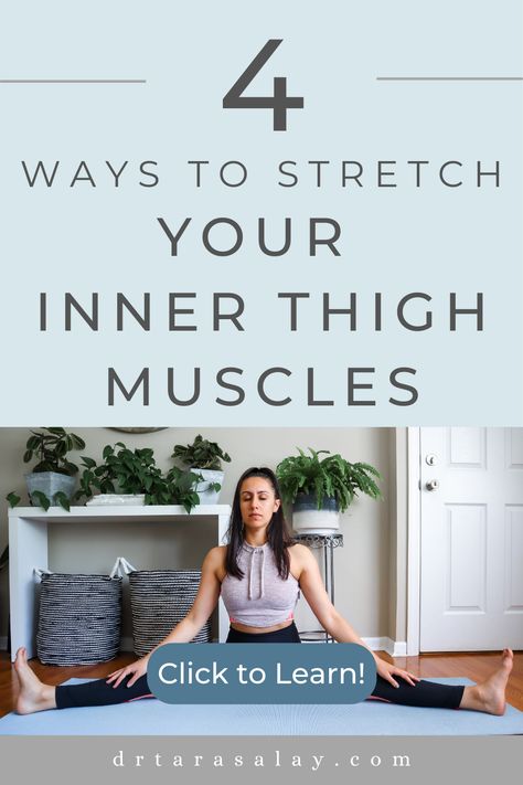 Inner Thigh Stretching Exercises - Ways to stretch your inner thigh muscles (hip adductors) How To Stretch Inner Thigh Muscles, Upper Leg Stretches, Inner Thigh Stretch Flexibility, Stretches For Inner Thigh, Adductor Stretch Inner Thigh, Inner Thigh Stretching, Abductor Stretch, Stretch Inner Thigh, Hip Flexibility Stretches