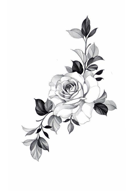 Rose And Leaf Tattoo, Rosa Tattoo Designs, Rose Floral Tattoo Design, Rose And Peony Tattoo, Tattoo Peonies, Floral Shoulder Tattoo, Black And White Rose Tattoo, Snow White Tattoos, Black And Grey Rose Tattoo