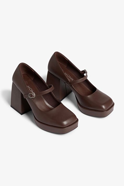 Brown Mary Jane platform heels - Brown - Monki GB Brown Mary Jane Heels, Brown Mary Janes, Dr Shoes, Platform Mary Janes, Fashionista Style, Girly Shoes, Aesthetic Shoes, Shoe Inspo, Barefoot Shoes