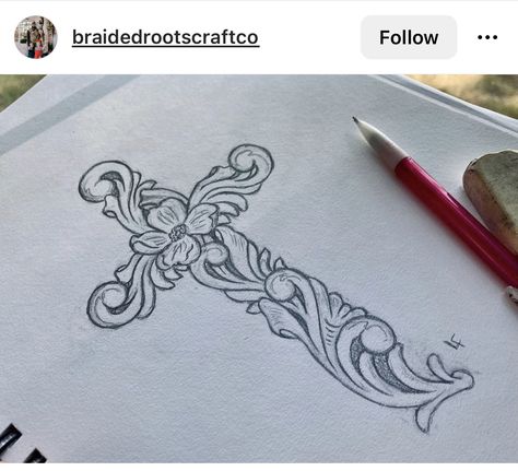 Leather Tattoo Ideas, Cross And Horseshoe Tattoo, Horseback Riding Tattoos, Tooled Leather Drawing, Tooled Tattoo Design, Western Scroll Tattoo, Leather Tooled Tattoo, Leather Work Tattoo Sleeve, Pendleton Tattoo