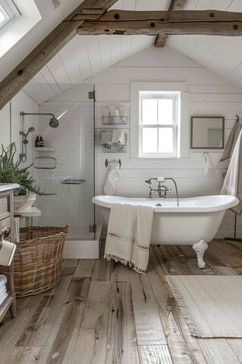 Bathroom With Beams Ceilings, Farmhouse Bathroom Tub Shower Combo, Large Bathroom Designs Master Bath, Cozy Master Bath Ideas, Farmhouse Bathroom Bloxburg, Cottage Style Master Bath, Master Bath Wood Floor, Cottage House Bathroom, Farmhouse Bathroom With Tub