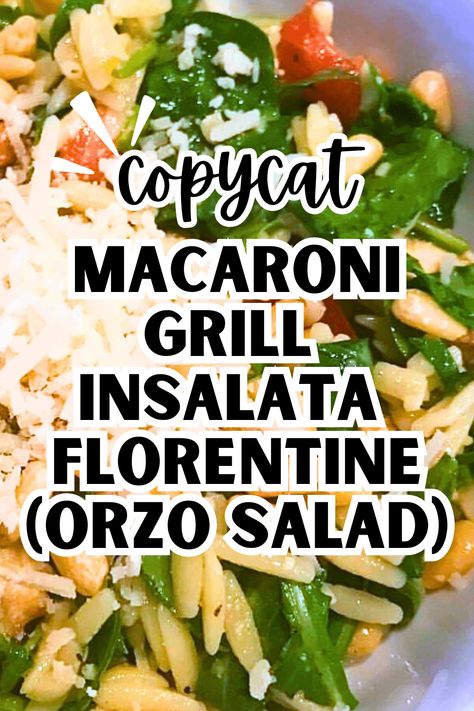 Copycat Macaroni Grill Insalata Florentine Recipe Orzo Chicken Salad - if you like Macaroni Grill orzo salad with chicken, you'll love this easy pasta salad recipe! Make this a chicken salad or a vegetarian salad without chicken. #pastasalad #chickensalad #saladrecipes #copycat Orzo Chicken Salad, Orzo Salad With Chicken, Spinach Florentine, Salad Recipe With Chicken, Wheat Berry Salad Recipes, Chicken Orzo Salad, Popular Salads, Fiesta Chicken Casserole, Copycat Salad