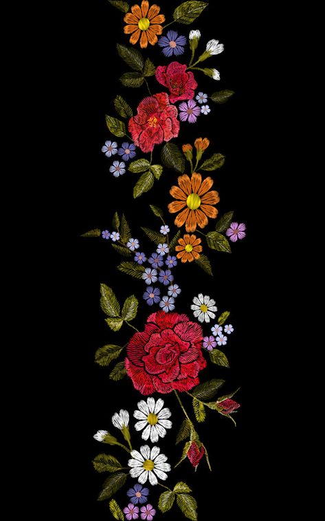 Mexican Floral Pattern Flower Embroidery, Mexican Flower Pattern, Mexican Flower Embroidery, Vintage Flower Print Pattern, Floral Vector, Floral Borders, Mexican Floral Pattern, Mexican Embroidery Designs, Mexican Pattern