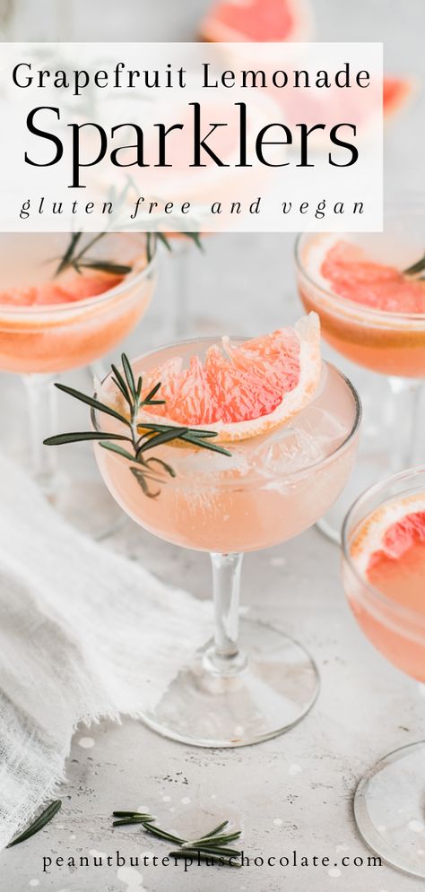 Grapefruit Lemonade Sparklers - Gluten Free and Vegan Drinks. Pink drink in a vintage glass, topped with a grapefruit and rosemary. Gluten Free Drinks Alcohol, Gluten Free Cocktails Alcohol, Gluten Free Mocktail, Wedding Mocktails, Gluten Free Alcoholic Drinks, Grapefruit Lemonade, Gluten Free Cocktails, Rosemary Lemonade, Cocktail Corner