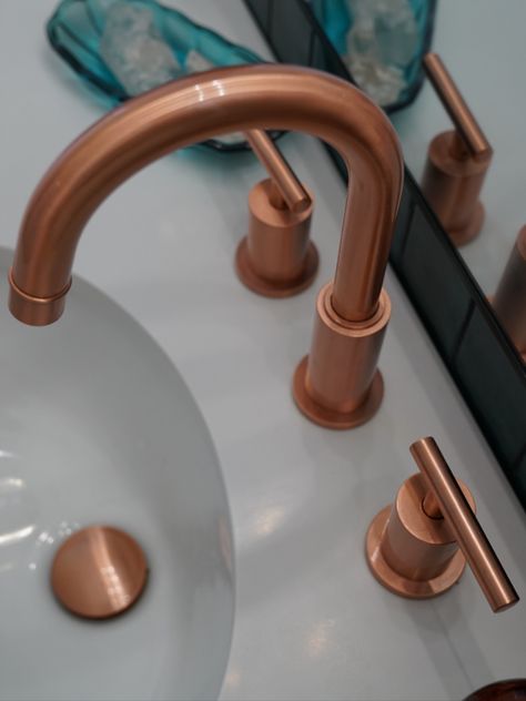 copper accents, copper and teal bathroom, copper finish, rose gold hardware, bathroom faucet Cooper Bathroom Fixtures, Gray And Copper Bathroom, Navy And Copper Bathroom, Gold Hardware Bathroom, Copper Sink Faucet, Modern Bathroom Hardware, Copper Bathroom Fixtures, Copper Bathroom Faucet, Teal Bathroom