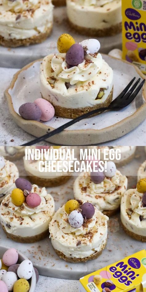 Individual Mini Egg Cheesecakes! - Jane's Patisserie Easter Cheesecakes, Mini Egg Recipes, Mini Egg Cheesecake, Jane Patisserie, Orange Cheesecake Recipes, Mini Eggs Cake, Easter Platter, No Bake Vanilla Cheesecake, Easter Cheesecake