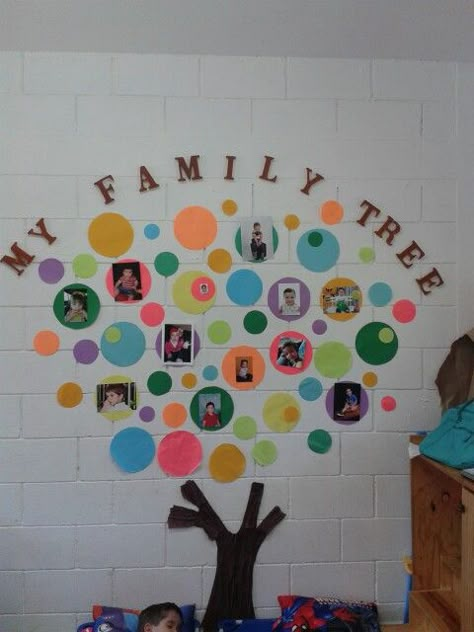 Family Photo Wall Ideas Daycare, My Family And Me Door Decorations, Childcare Family Tree, Family Wall Decor Classroom, Family Photo Bulletin Board Ideas, Family Photo Board For Classroom, Family Boards Preschool Display, Preschool Family Board, Family Display Classroom