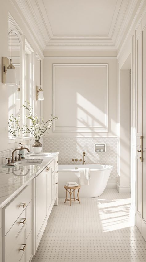 Neutral Bathroom Decor Ideas Elegant Wallpaper Bathroom, Luxury Neutral Bathroom, White And Tan Bathroom Ideas, Neutral Bathroom Design Ideas, Off White Bathroom Ideas, Quiet Luxury Bathroom, All White Bathroom Ideas, Traditional Master Bath Ideas, Neutral Bathroom Tiles