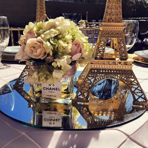 Amanda's Bridal Shower  | CatchMyParty.com Paris Theme Centerpieces, Paris Prom Theme, Paris Theme Party Decorations, Chanel Bridal Shower, Paris Party Decorations, Hawaiian Bridal Shower, Paris Themed Birthday Party, Paris Theme Wedding, Paris Bridal Shower