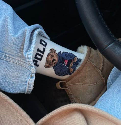 Ralph Lauren Teddy Bear Socks, Polo Teddy Bear Socks, Polo Socks Bear, Polo Socks With Uggs, Polo Bear Outfit Aesthetic, Ralph Lauren Socks Ugg, Polo Bear Aesthetic, Polo Socks Outfits, Ralph Lauren Socks Outfit