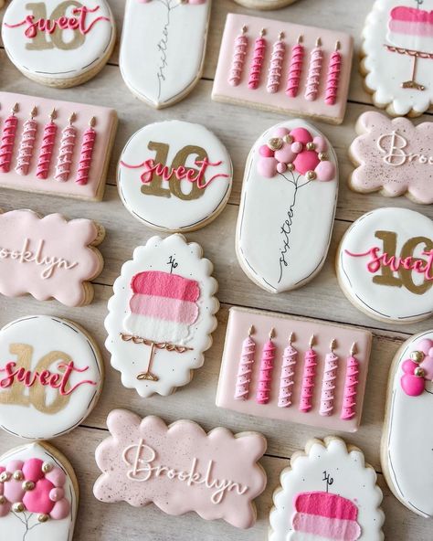 Knoxville Custom Cookies (@gussiedupcookieco) • Instagram photos and videos Pink Sweet 16, Happy Birthday Cookie, Pink Cookies, Sugar Cookie Royal Icing, Sugar Cookie Icing, Iced Sugar Cookies, Cookie Business, Sugar Cookie Designs, Cookie Frosting