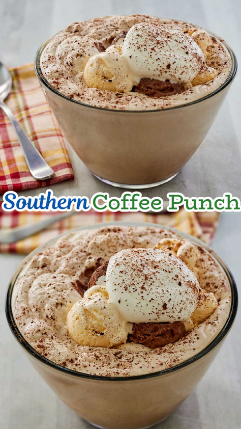 Southern coffee punch is great for showers, brunches, book clubs and more. It is a fun sweet coffee based drink that is perfect for a party! Cold Coffee Punch Recipe, Coffee Punch Recipes With Ice Cream, Mocha Punch With Ice Cream, Coffee Mixed Drinks Cocktails, Christmas Coffee Punch, Mud Slide Drink Recipe Easy, Coffee Punch Recipes Easy, Coffee Punch With Ice Cream, Cappuccino Punch