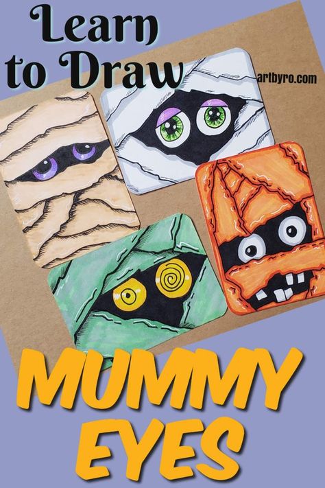 Make your own mummy drawing step by step. Art tutorials for beginners. Get your FREE guide and start improving your art today. Drawings With Markers, Halloween Art Lessons, Drawings For Beginners, Trading Card Ideas, Halloween Art Projects, Nail Art Halloween, October Art, Middle School Art Projects, Easy Drawings For Beginners