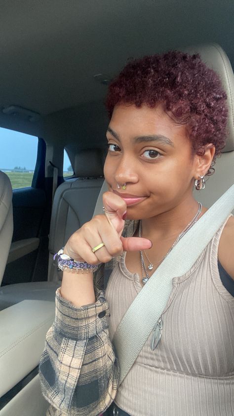 Short 4c Colored Hair, Short Curly Haircuts Dyed, Burgundy Short Natural Hair, Red Big Chop, Burgundy Big Chop, Dark Red Short Curly Hair, Big Chop Red Hair Black Women, Big Chop Hairstyles 4c Hair Color, Colored Big Chop