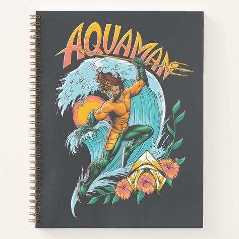 Aquaman and Trident Rising Surf Graphic Notebook Aquaman and The Lost Kingdom | Check out Aquaman with his Trident rising out of the sea on a wave at sunset, featuring his name and icon with floral accent. #aquaman #notebook #spiralnotebook Aquaman And The Lost Kingdom, Underwater Kingdom, Silver Week, Surf Graphic, Black Manta, Action Pose, Ex Machina, Graphic Tee Design, Action Poses