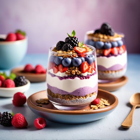 Chia & Mixed Berry Yogurt Parfait – Vegetarian Yogurt Chia Seed Parfait, Smoothie Food Truck, Healthy Yogurt Breakfast, Parfait Yogurt, Botanical Cafe, Canape Ideas, Berry Yogurt Parfait, Girly Brunch, Chia Yogurt