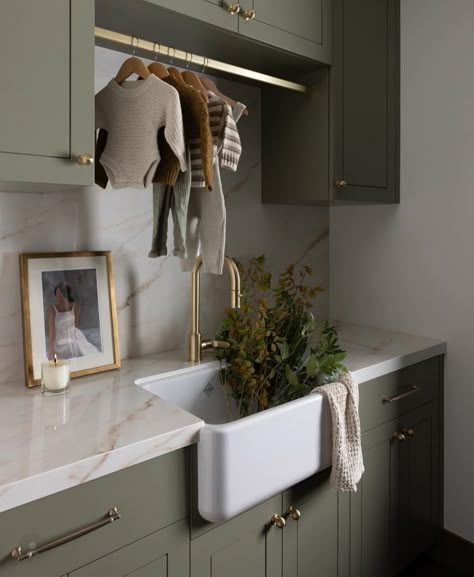 Laundry Room Inspo, Laundry Room/mudroom, Leamington Spa, Mudroom Remodel, Staging Decor, Laundry Room Ideas Small Space, Bedrosians Tile, Green Laundry, Dream Laundry Room