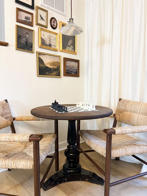 Chess Table And Chairs Living Rooms, Living Room Puzzle Table, Chess Corner In Living Room, Chess Sitting Area, Chess Table Ideas, Wood Game Table, Chess Nook Living Rooms, Chess Room Ideas, Chess Seating Area