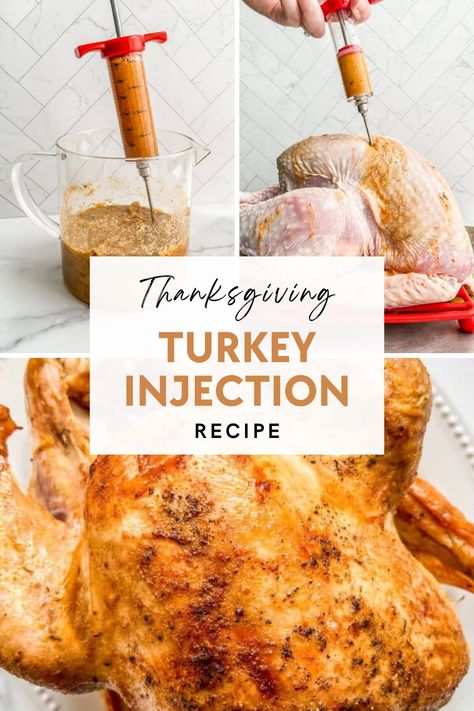 Thanksgiving turkey injection recipe graphic. Deep Fried Turkey Injection, Turkey Injector Recipe, Meat Injection Recipe, Turkey Injection, Turkey Marinade, Injecting Turkey Recipes, Turkey Cooking, Turkey Seasoning, Fried Turkey Recipes