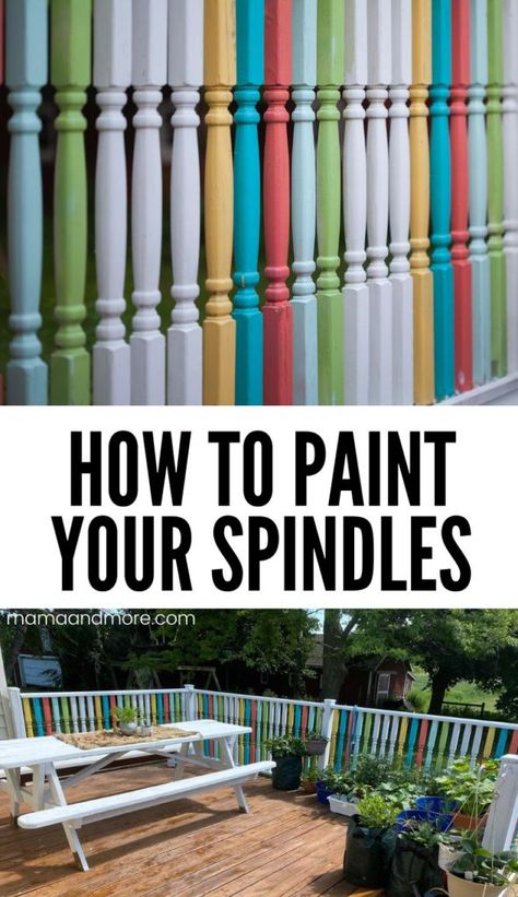 DIY Deck Upgrade: How to Paint Spindles Different Colors - Mama and More Paint Spindles, Exterior Wood Paint, Deck Upgrade, How To Spray Paint, Deck Spindles, Stair Spindles, Railings Outdoor, Deck Paint, Diy Projects To Sell