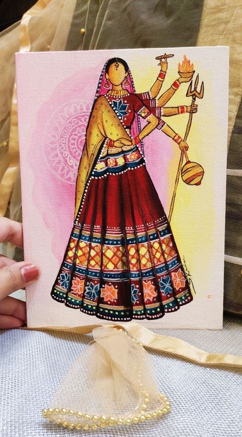 Madhubani Art Aesthetic, Navratri Drawing Painting, Navratri Canvas Painting, Navratri Special Painting, Maa Durga Canvas Painting, Drawing For Navratri, Navratri Art And Craft, Indian Aesthetic Painting, Indian Aesthetic Drawing