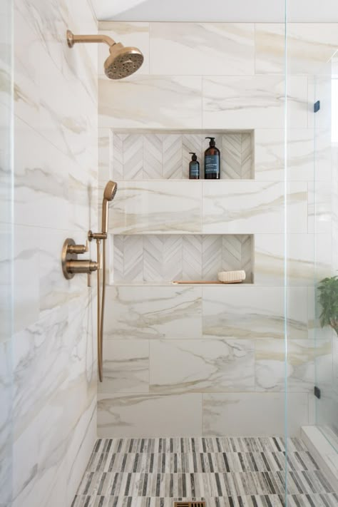 Tile With Gold Accents, Porcelain Shower Tile, Master Bathrooms Luxury, Master Shower Tile, Spa Bathroom Decor, Bathrooms Luxury, Master Bath Shower, Luxury Master Bathrooms, Master Shower