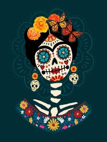 size: 12x9in Art Print: Bright Day of the Dead II by Victoria Barnes : Mexicana Drawings, Dia De Los Muertos Canvas Painting Ideas, Mexican Skull Painting, Dia De Los Muertos Painting Ideas, Mexican Inspired Art, Art On Big Canvas, Mexico Art Culture, Sugar Skull Painting Ideas, Mexico Painting Ideas