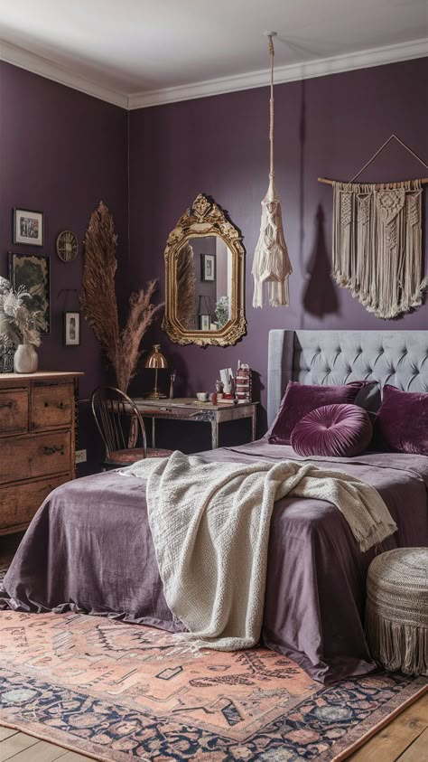 Modern Purple Boho Bedroom Ideas: Statement Walls and Art Brown And Purple Room Ideas, Unique Wall Color Ideas, Victorian Purple Bedroom, Maximalist Decor Purple, Room Color Ideas Purple, Purple For Bedroom Walls, Purple And Orange Boho Bedroom, Bright Witchy Bedroom, Smokey Purple Bedroom