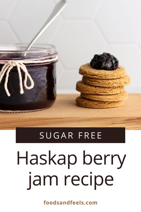 Sugar free haskap berry jam in a jar placed next to a stack of biscuits with a dollop of jam on top Haskap Jam, Haskap Berry, Low Sugar Jam Recipes, Berry Jam Recipe, Sugar Free Jam Recipes, Honey Berry, Berry Jam, Berries Recipes, Jam Recipe