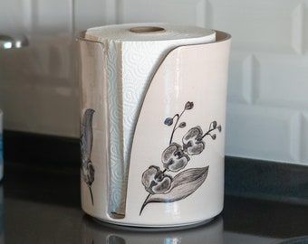 Pottery Paper Towel Holder, Ceramic Paper Towel Holder, Floral Kitchen Decor, Pottery Pictures, Paper Towel Holder Kitchen, Towel Holder Stand, Thoughtful Wedding Gifts, Paper Towel Holders, Orchid Design