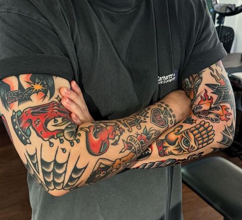 Tattoos All Over, Traditional Tattoo Forearm Sleeve, Full Traditional Sleeve, Men’s Traditional Arm Sleeve, Black And White Traditional Tattoo Sleeve, Trad Wrist Tattoo, Men Traditional Tattoo Ideas, American Traditional Leg Sleeve Men, Shoulder American Traditional Tattoo