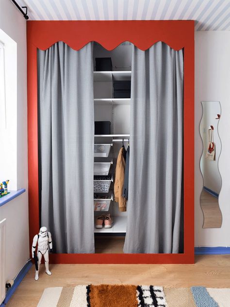 5 IKEA Closet Hacks to Get That Custom Wardrobe Look | domino Ikea Closet System, Curtain Wardrobe, Ikea Closet Hack, Ikea Closet, Closet Hacks, Closet Curtains, Open Closet, Ikea Cabinets, Closet System