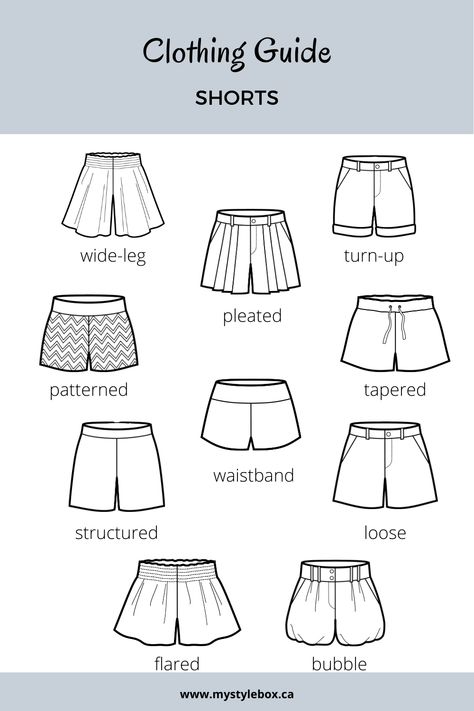 Types of Shorts Áo Blu, Fashion Infographic, Types Of Shorts, Fashion Illustrations Techniques, Fashion Drawing Sketches, Fashion Drawing Tutorial, Clothing Guide, Dress Design Drawing, Fashion Terms