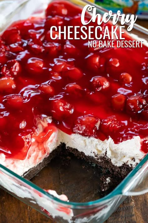 No Bake Cherry Cheesecake Dessert - Crazy for Crust Cherry Cheesecake Dessert, Potluck Recipes Dessert, Potluck Dessert, No Bake Cheesecake Filling, Cherry Cheesecake Recipe, No Bake Cherry Cheesecake, Cherry Delight, Summer Potluck, Nutella Desserts