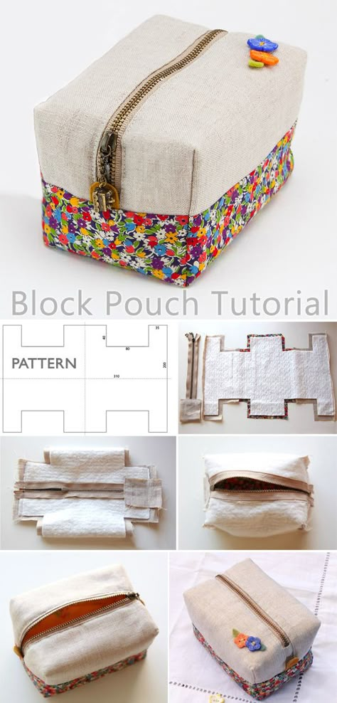 Block Zipper Pouch Tutorial Pochette Diy, Diy Sewing Tutorials, Sac Diy, Pouch Sewing, Free Crochet Bag, Zipper Pouch Tutorial, Folded Fabric Ornaments, Fabric Christmas Ornaments Diy, Pouch Tutorial