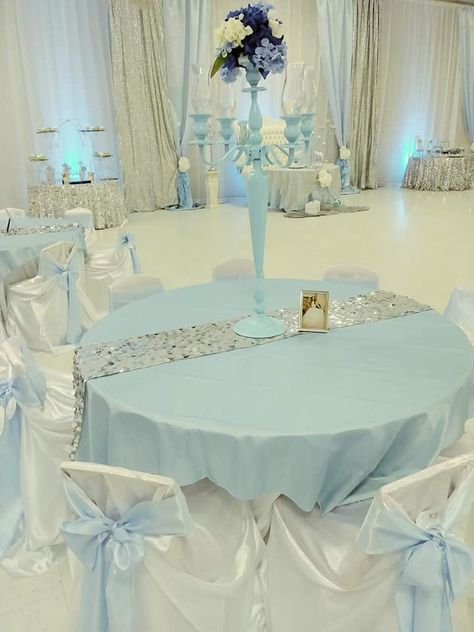 Cinderella Quinceañera Party Ideas | Photo 2 of 11 | Catch My Party Quince Decorations Light Blue And Silver, Blue Theme Quinceanera Ideas, Light Blue And Silver Sweet 16, Quince Venue Ideas Light Blue, Ice Blue Quinceanera Decorations, Light Blue And Silver Party Decorations, Cinderella Quinceanera Table Decorations, Light Blue Quinceanera Venue Ideas, Light Blue Xv Decorations