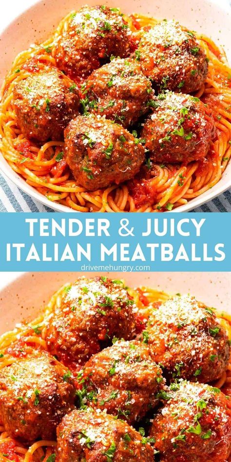 If you're looking for the best meatball recipe, look no further! These Italian meatballs are soft, tender & melt-in-your-mouth delicious! They're made with ground beef and breadcrumbs and then baked in the oven. Top with Parmesan cheese and Italian herbs for the best Italian meatballs! Easy to make, perfect with spaghetti, and great for Thanksgiving or Christmas! Melt In Your Mouth Italian Meatballs, Oven Baked Italian Meatballs, Italian Rice Balls With Meat Ground Beef, Tender Italian Meatballs, Spicy Italian Meatball Recipes, Italian Meatballs In Oven, Italian Meatball Recipes Ground Beef, Soft Meatballs Recipes, Baked Meatballs Oven Easy