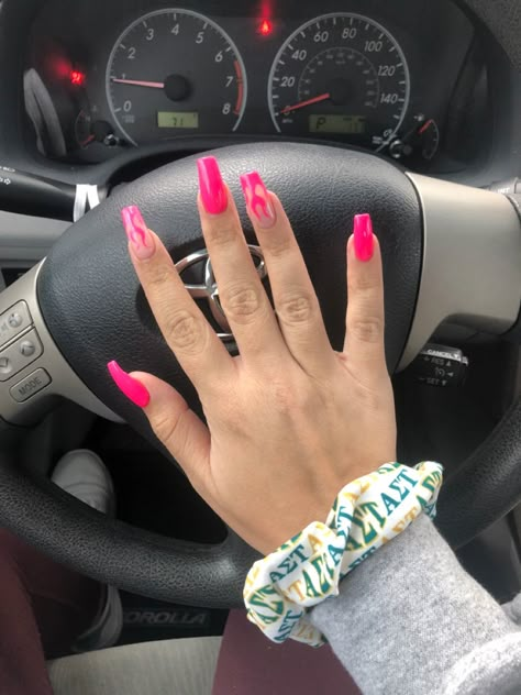 Pink Flame Nails Short, Hot Pink Fire Nails, Pink Flames Aesthetic, Hot Pink Nails Aesthetic, Hot Pink Flame Nails, Fushia Nail Designs Ideas, Pink Fire Nails, Nails With Flame Design, Pink Coffinnails