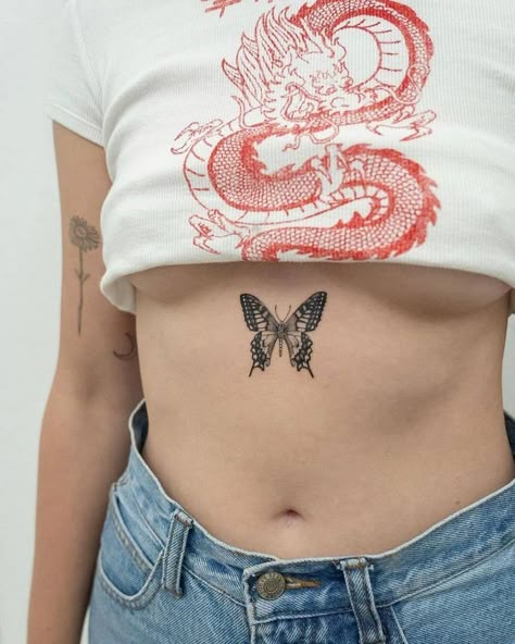 Hot Butterfly Tattoos, Butterfly Belly Tattoo, Butterfly Tattoo Belly, Edgy Butterfly Tattoo, Butterfly Tattoo Stomach, Butterfly Stomach Tattoo, Butterfly Chest Tattoo, Hot Tattoo Ideas, Tattoo Belly