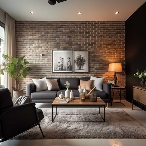 Exposed Brick Walls Living Room Modern, Living Room Brick Wallpaper, Bright Industrial Living Room, Brick Wall Living Room Ideas Modern, Exposed Brick Living Room Decor, Brick Effect Wallpaper Living Room, Red Brick Interior Living Rooms, Brick Living Room Decor, Red Brick Wall Living Room